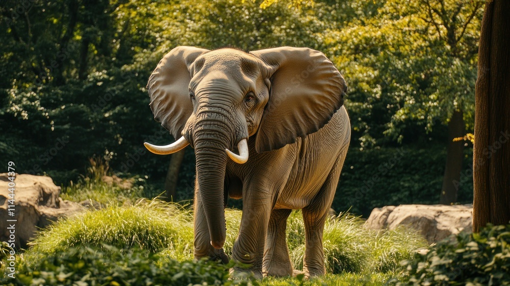 Fototapeta premium Majestic African elephant in lush green habitat.