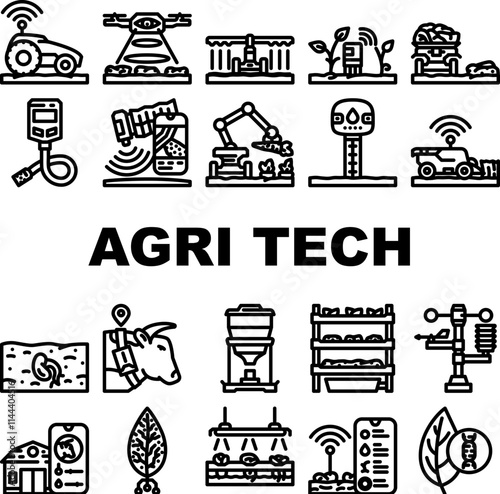 agri tech precision drones iot icons set vector. sensors robotics, automation data, analytics, ai, machine learning, blockchain agri tech precision drones iot black contour illustrations