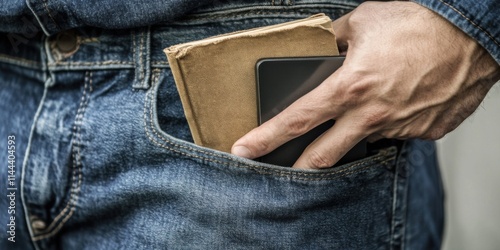 Casual Style A Hand Reaching for a Phone and Notebook Stashed in a Pocket for Convenience photo