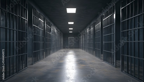Dark Prison Corridor With Metal Bars and Cells