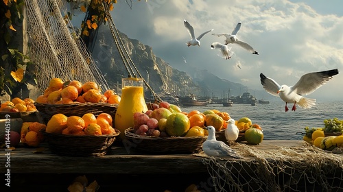 Juicy fruits arranged on a dockside table with fishing nets and seagulls nearby