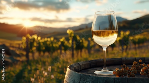 A wine glass perched on a wooden barrel set amidst a golden vineyard during sunset captures the timeless allure and elegance of wine country evenings.