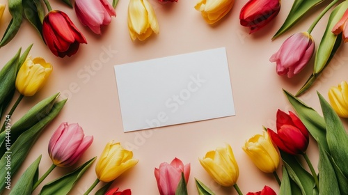 Colorful tulips arranged in a circular pattern with a blank card in the cente...