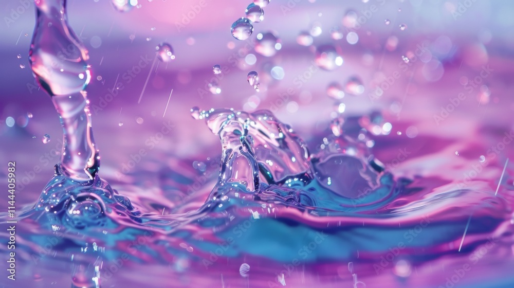 Close-up of water splashes and droplets in vibrant purple lighting Close-up of water splashes and droplets in vibrant purple lighting