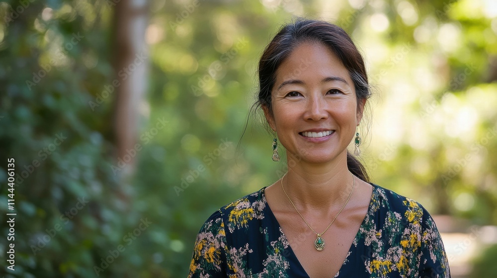Portrait of smiling asian woman in outdoor forest setting with bokeh Portrait of smiling asian woman in outdoor forest setting with bokeh