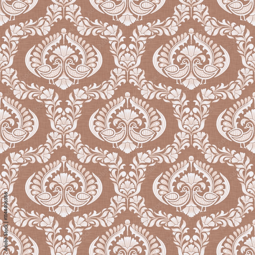 Obraz premium Seamless pattern with floral peacocks in the pantone colour of the year Mocha Mousse. This can be used for printing on various surfaces like home textiles, fabrics, wallpapers, paper, digital etc. 