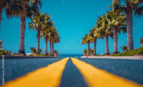 Road lined with palm trees leads to the ocean under a clear blue sky on a sunny day in a coastal area photo