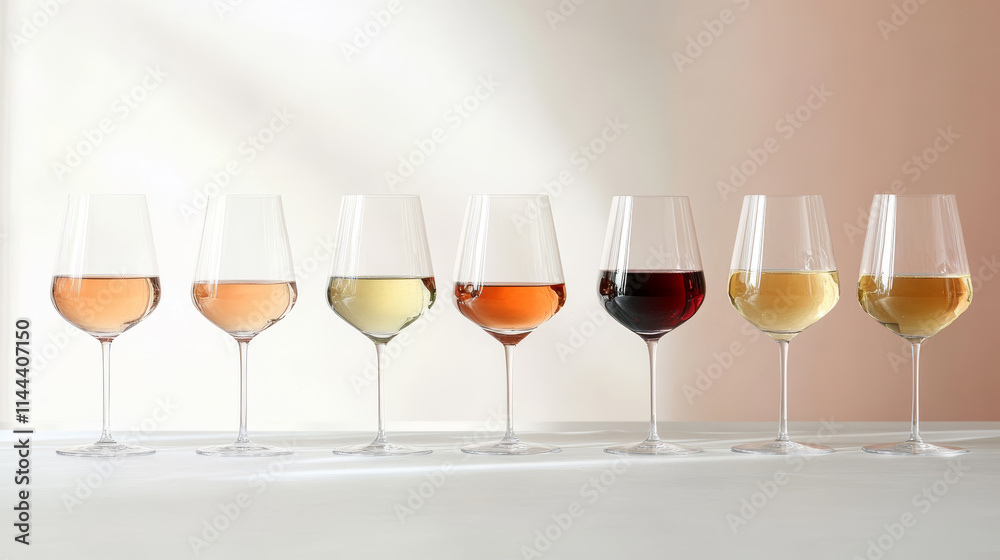 Various wine glasses showcasing a spectrum of colors and shades arranged neatly on a white surface indoors Various wine glasses showcasing a spectrum of colors and shades arranged neatly on a white surface indoors