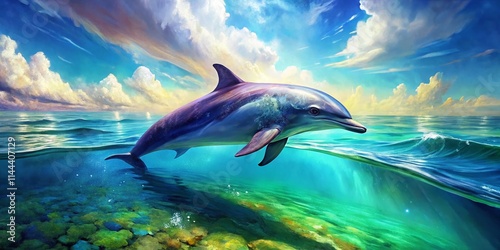 Panoramic Watercolor Dolphin: Generative AI Art, Digital Painting, Ocean Wildlife, Aquatic Animal photo