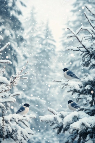 Two birds perched on snow-covered branches during a winter snowfall amidst a ...
