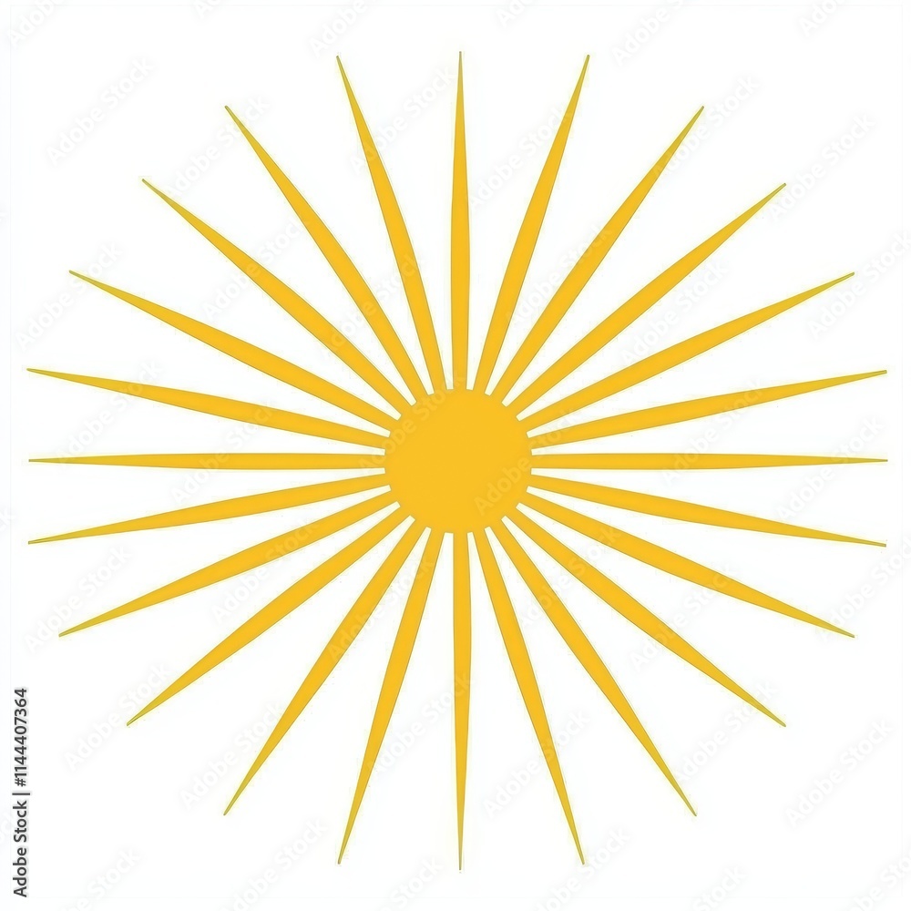 An isolated bright sun icon on a white background, representing the rising sun, sunrise, sunset, dawn, sunshine, and solar glow. The sun is shining. Decorative full and half sun circles with An isolated bright sun icon on a white background, representing the rising sun, sunrise, sunset, dawn, sunshine, and solar glow. The sun is shining. Decorative full and half sun circles with