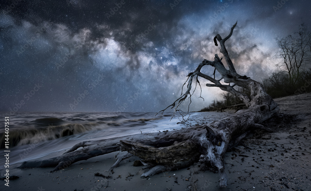 Obraz premium Captivating nightscape of a fallen tree on the beach, framed by the Milky Way galaxy and starry sky