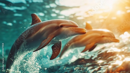 Two dolphins gracefully leap through vibrant ocean waves, reflecting the golden sunlight, symbolizing freedom and joy in their natural habitat. photo