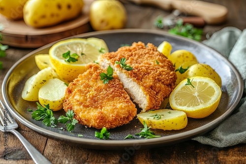 Delicious Crispy Wiener Schnitzel with Lemon and Potatoes