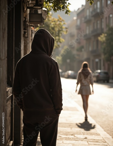 Hooded figure hiding in shadow near a brick wall while a woman walks down a sunny street. Dramatic urban scene depicting stalking awareness. Advocacy concept for National Stalking Awareness Month.