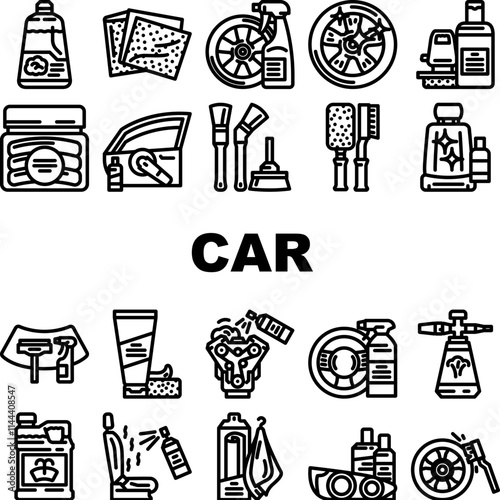 car care polish detailing wash icons set vector. wax, vacuum tires, engine maintenance, cleaning interior, exterior, shine car care polish detailing wash black contour illustrations
