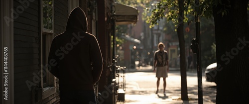 Hooded figure hiding in shadow near a brick wall while a woman walks down a sunny street. Dramatic urban scene depicting stalking awareness. Advocacy concept for National Stalking Awareness Month.