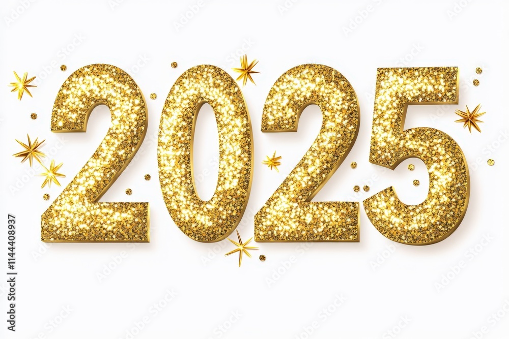 Glittering golden number 2025 with sparkling stars and confetti on a white background, symbolizing a festive New Year and Christmas celebration