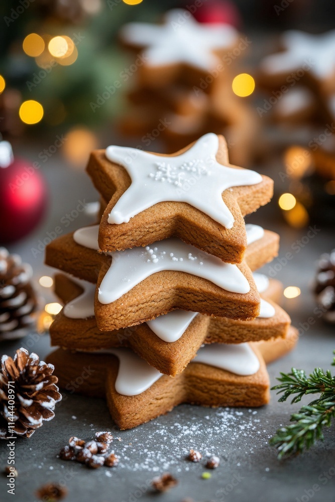 Delightful stacked star-shaped cookies dusted with powdered sugar surrounded by festive decorations for winter Delightful stacked star-shaped cookies dusted with powdered sugar surrounded by festive decorations for winter