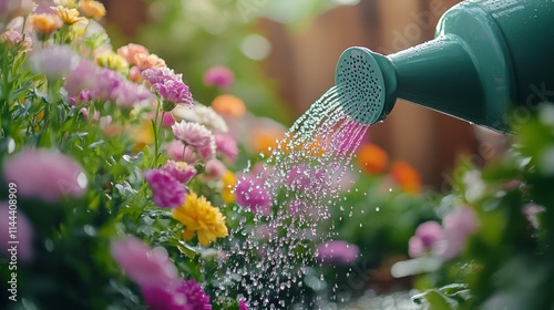 Gardening activity with a watering can, nurturing vibrant flowers in a colorf...
