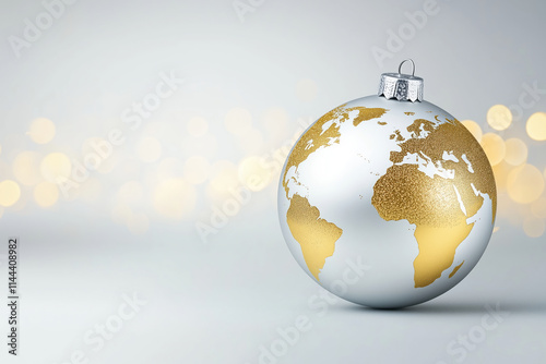 Christmas decoration, glass ball with world map on bokeh background. New Year card, postcard, invitation, greeting. photo