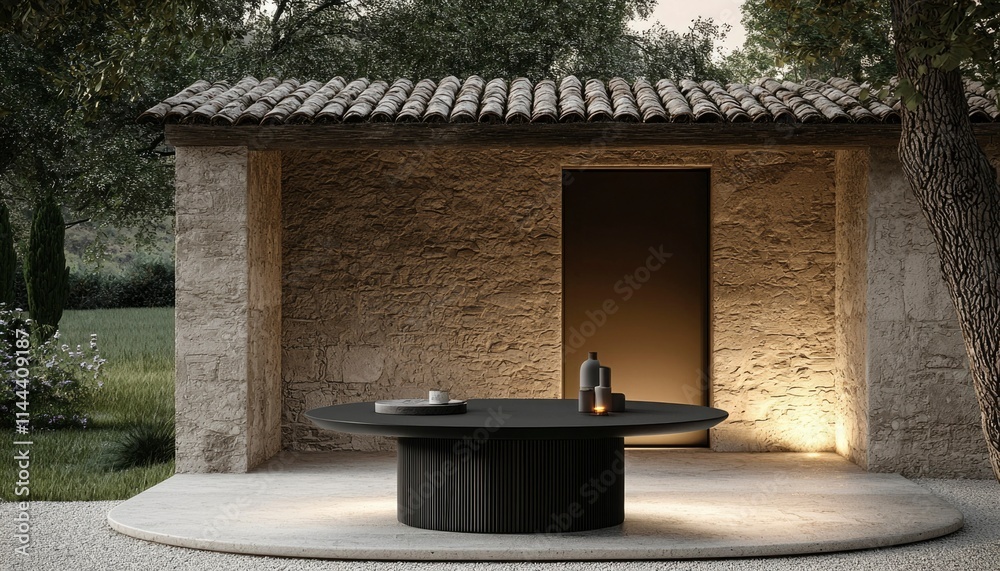 Modern Outdoor Table Near Stone Building Entrance Modern Outdoor Table Near Stone Building Entrance