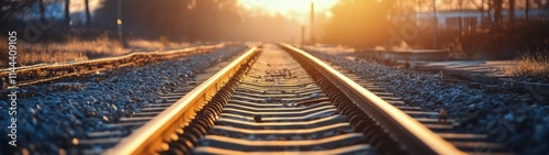 Golden sunset illuminates quiet railway tracks in a serene landscape surround...