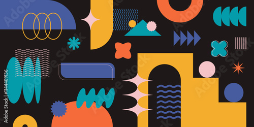 Abstract retro shapes composition, frames and symbols, basic brutal forms and figures in Y2K aesthetics, vintage stickers, logos, labels. Decorative design elements, vector illustration.