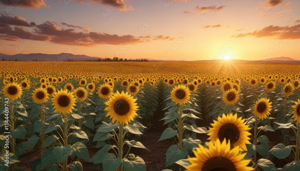 Fototapeta premium beautiful sunflower field at sunset golden hues , landscape, flowers, yellow