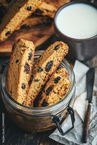 Homemade biscotti with raisins served in a glass jar alongside a cup of milk ...