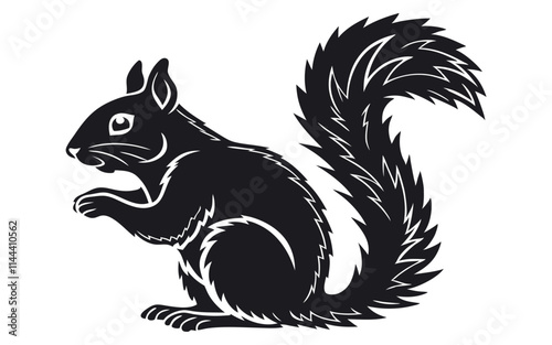 Detailed black and white illustration of a squirrel sitting with its bushy tail curled. Perfect for nature and wildlife themed designs.