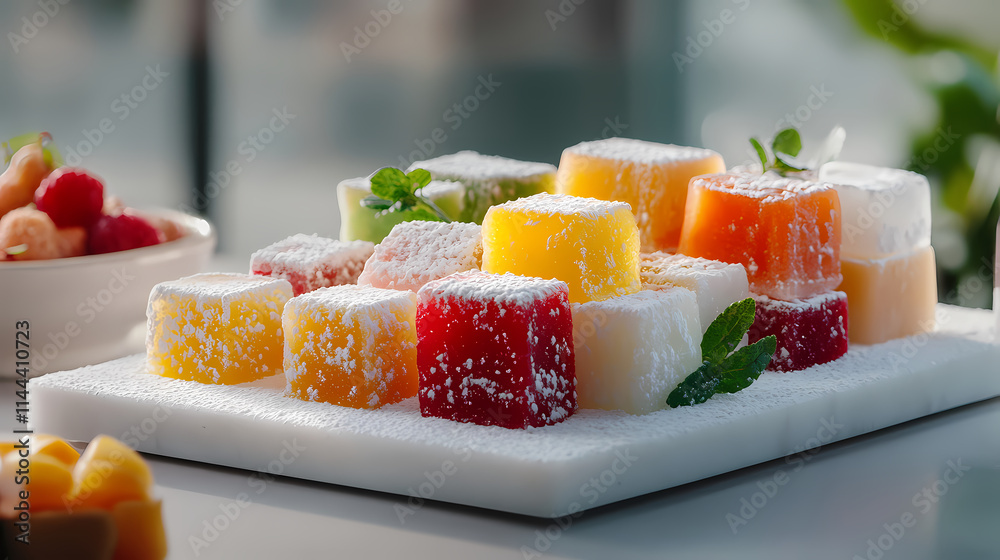 A dessert display with delicate garnishes and a soft-focus background. A dessert display with delicate garnishes and a soft-focus background.