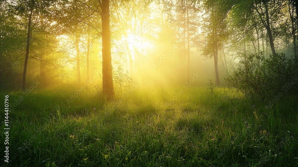 Obraz premium The misty spring forest looks beautiful in the morning sun.