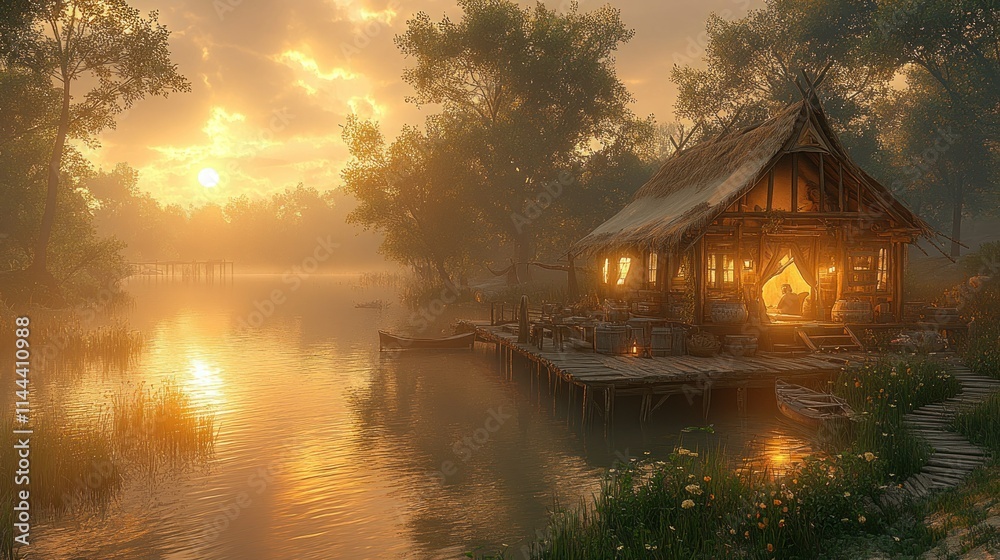 Fototapeta premium Serene riverside cottage at sunset with tranquil reflections.