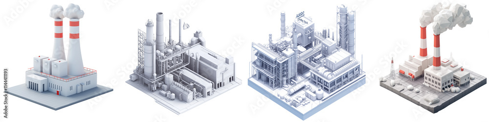 set of A power plant model in white, rendered in an isometric style using Blender, on a transparent backgrounds set of A power plant model in white, rendered in an isometric style using Blender, on a transparent backgrounds