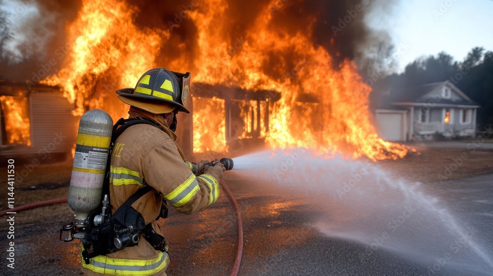 Obraz premium A firefighter battles a fierce blaze at night, silhouetted against roaring flames, symbolizing courage, resilience, and bravery amidst chaos.