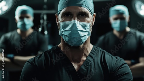 A confident physician stands at the forefront, leading a surgical team, all adorned in masks, demonstrating leadership and focus in a medical operation setting. photo