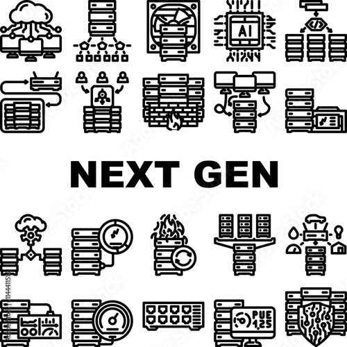next gen data center virtual icons set vector. automation scalability, efficiency sustainability, cloud, edge, ai, iot, security next gen data center virtual black contour illustrations