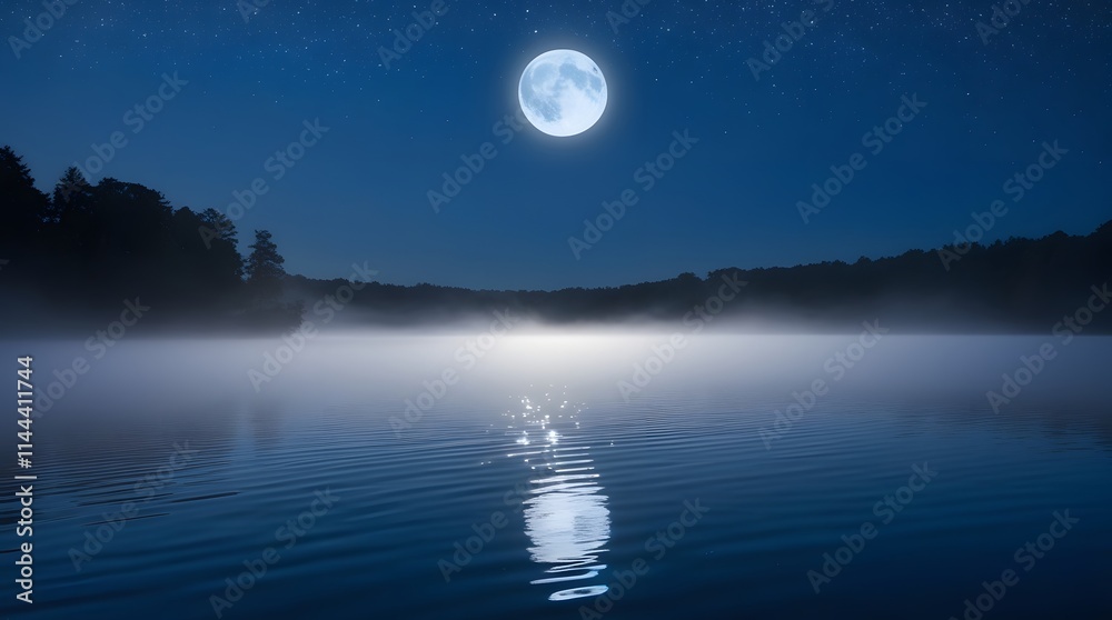 Smoky haze over calm water under a full moon at night Smoky haze over calm water under a full moon at night