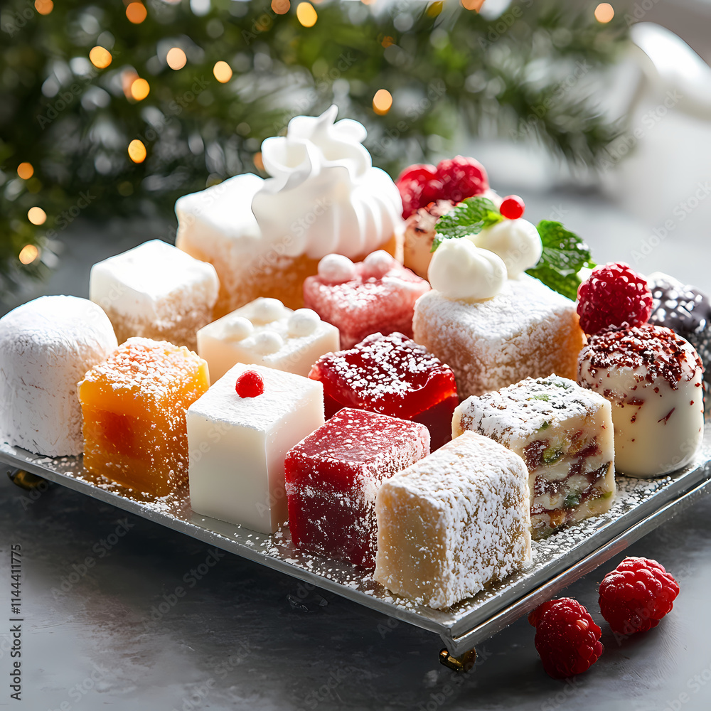 A dessert display with delicate garnishes and a soft-focus background.