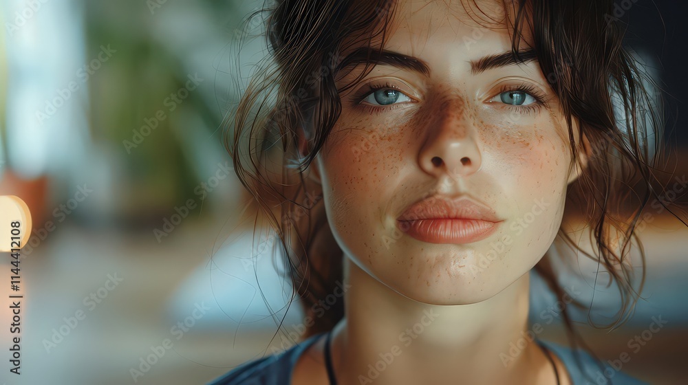 Close-up of a young woman with striking blue eyes, intense gaze, natural beauty, strong facial features, confident expression, modern portrait, aesthetic photography, fashionable look Close-up of a young woman with striking blue eyes, intense gaze, natural beauty, strong facial features, confident expression, modern portrait, aesthetic photography, fashionable look