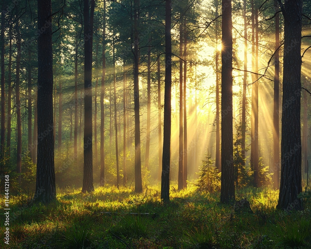 Fototapeta premium A sunny spruce forest with sunlight filtering through the trees, located in the Thuringian Forest, Thuringia, Germany, Europe.