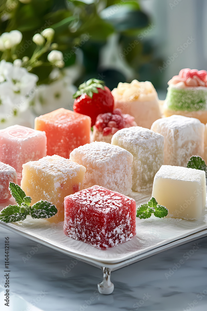 A dessert display with delicate garnishes and a soft-focus background. A dessert display with delicate garnishes and a soft-focus background.
