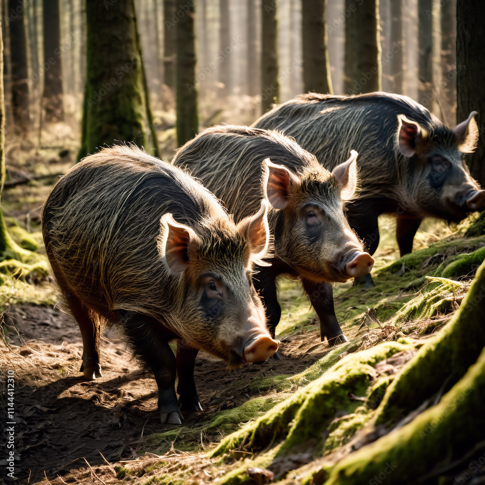 Tiere im Wald - Wildschweine graben nach Futter Tiere im Wald - Wildschweine graben nach Futter
