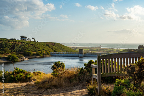 jersey, channel islands, scenic view, bench, water, ocean, tower, Val de la Mare Arboretum, sky, blue, relax, 
