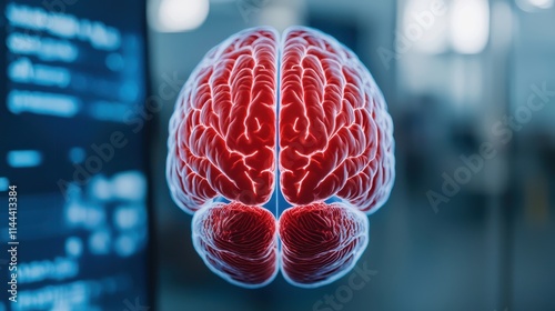 Hologram brain is shown in a very detailed and realistic way. The brain is red, and it in science room.