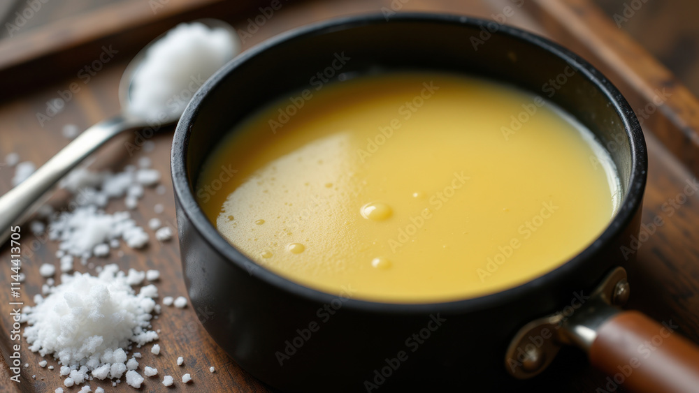 Bubbling beef tallow in a pan on a wooden board with salt sprinkles. Bubbling beef tallow in a pan on a wooden board with salt sprinkles.