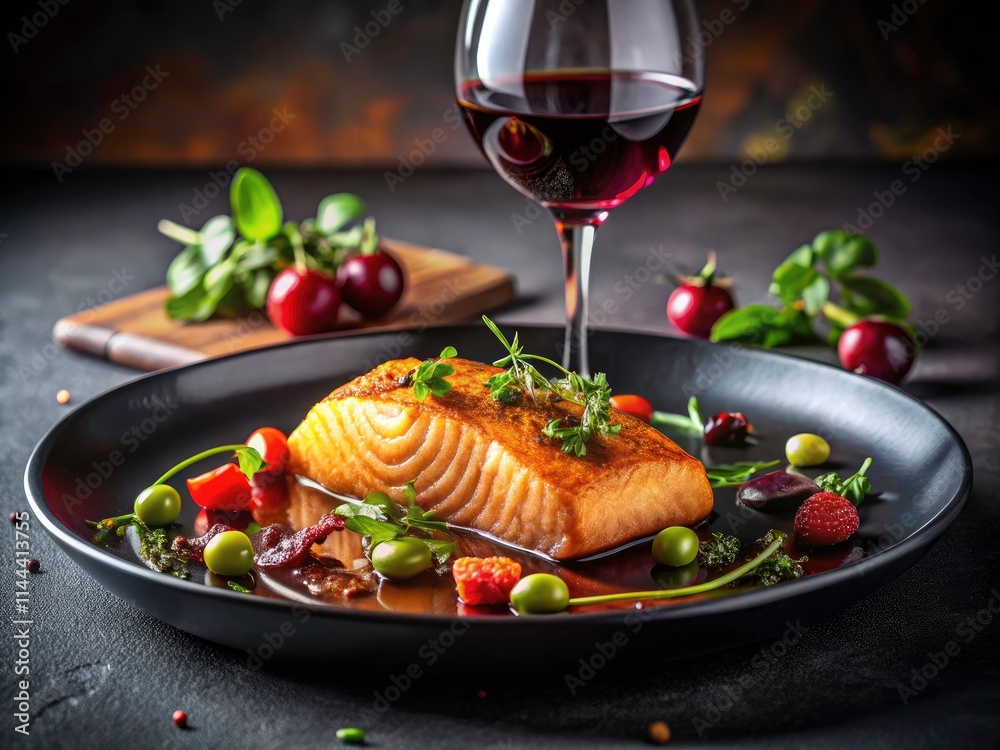 Luxurious Salmon Dinner: Gourmet Seafood, Black Plate, Wine Pairing, Food Photography, Elegant Dining Luxurious Salmon Dinner: Gourmet Seafood, Black Plate, Wine Pairing, Food Photography, Elegant Dining