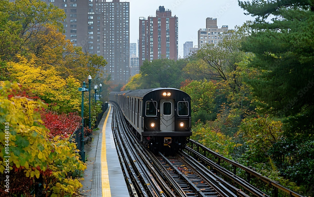 Obraz premium Subway train approaching station amidst autumn foliage and city buildings on a rainy day.