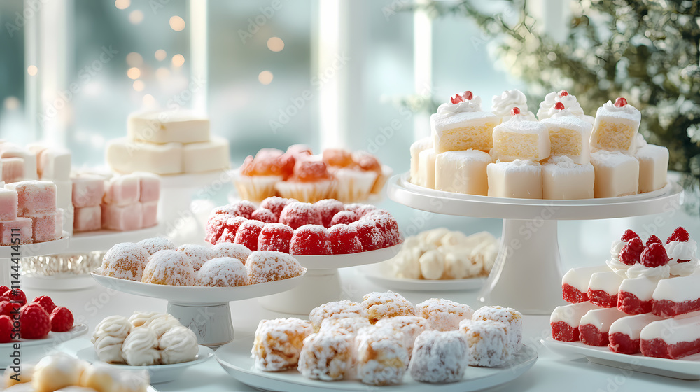Fototapeta premium A dessert display with delicate garnishes and a soft-focus background.